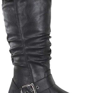 Women's Mid Calf Round Toe Buckle Slouched Flat Boots